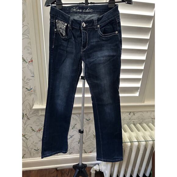 Miss Chic Blue Jeans Flared Bootcut Fleur De Lis Pockets Superstar Jeanswear - Picture 1 of 10